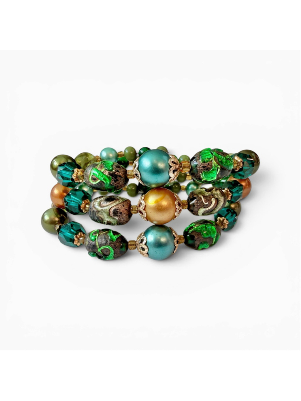 Vintage 3 Strand Memory Wire Bracelet, Venetian Italian Green Foil Glass Beads